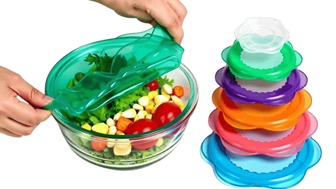 Reusable silicone stretch lids in multiple sizes and colors sealing a glass bowl of fresh salad, eco-friendly food storage covers made from flexible food-grade silicone for bowls, jars, and containers