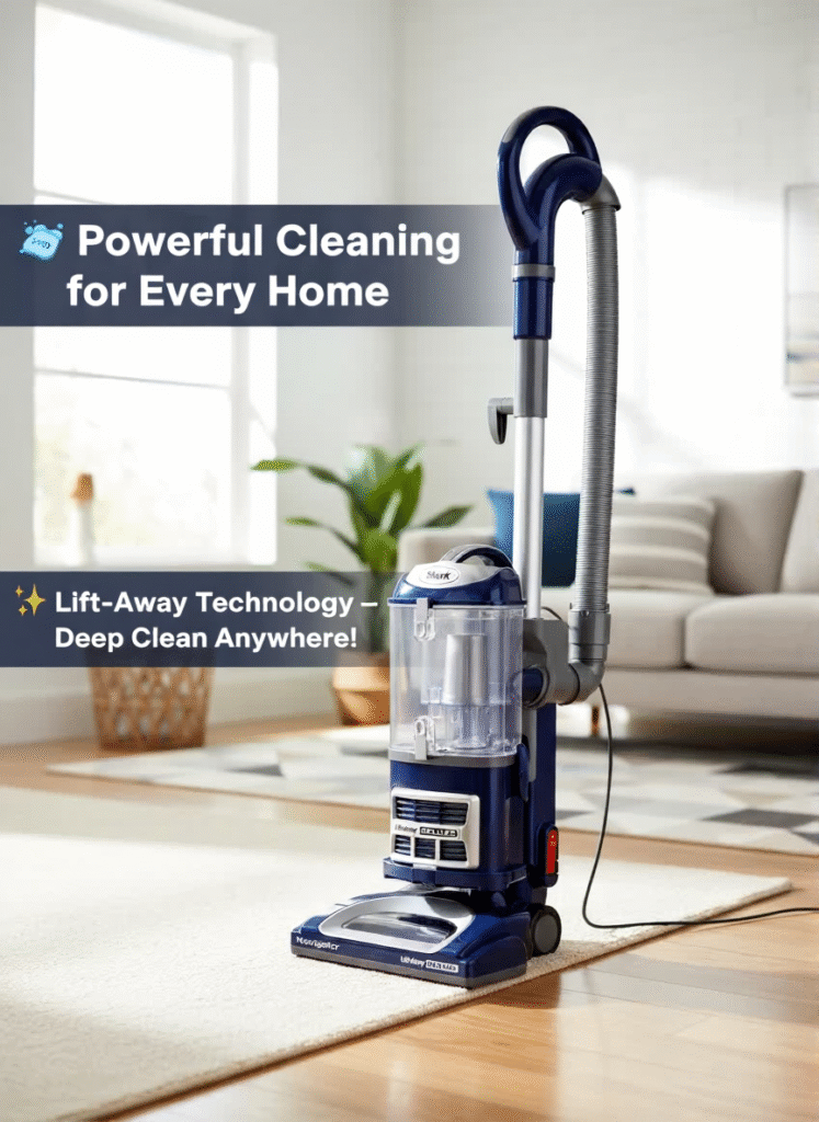 High-quality image of the Shark Upright Vacuum Cleaner with lift-away design, clean dust canister, and included attachment