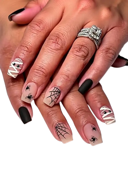 Cute short nails designs with mummy wrap art, tiny spiders, and web details in matte black for Halloween style
