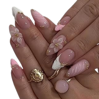 Luxury gold-trimmed nails designs with glossy nude base and pearl accents for classy festive occasions.